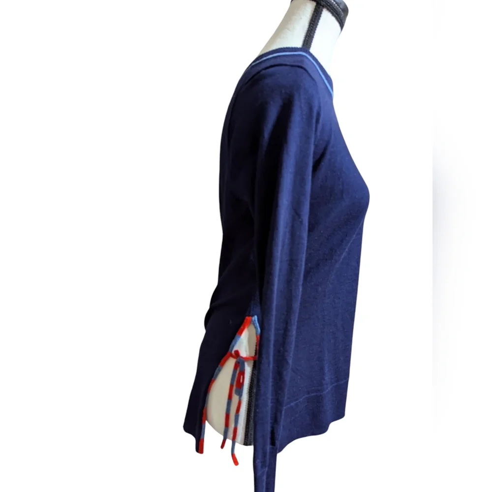 J. Crew Sweater Blue 100% Merino Wool Side Slit Striped Ties Sm *Dry Clean Only